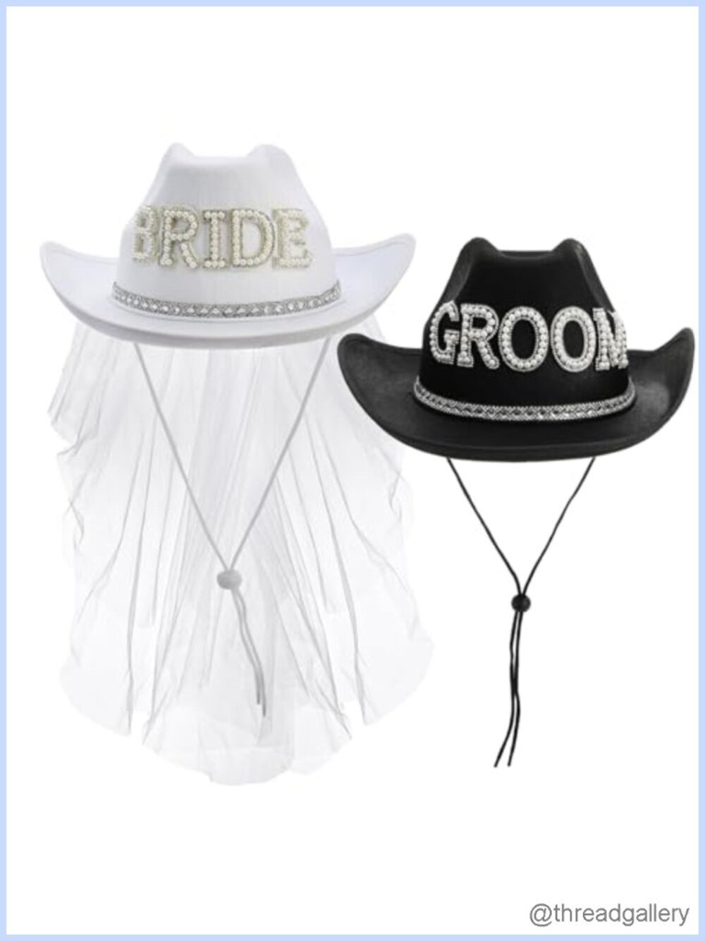 Bride & Groom Cowboy Hats with Veil Rhinestone Faux Pearl Bachelorette Wedding